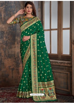 Dark Green Designer Banarasi Silk Saree