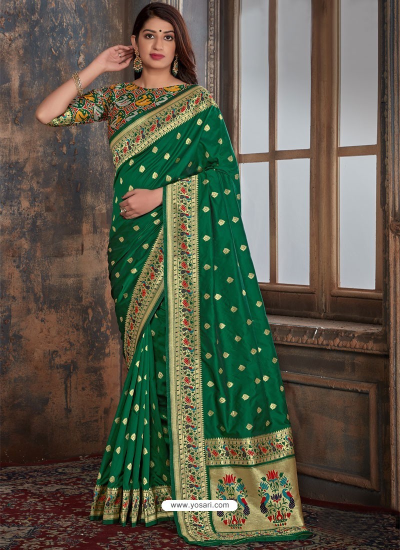 Dark Green Designer Banarasi Silk Saree