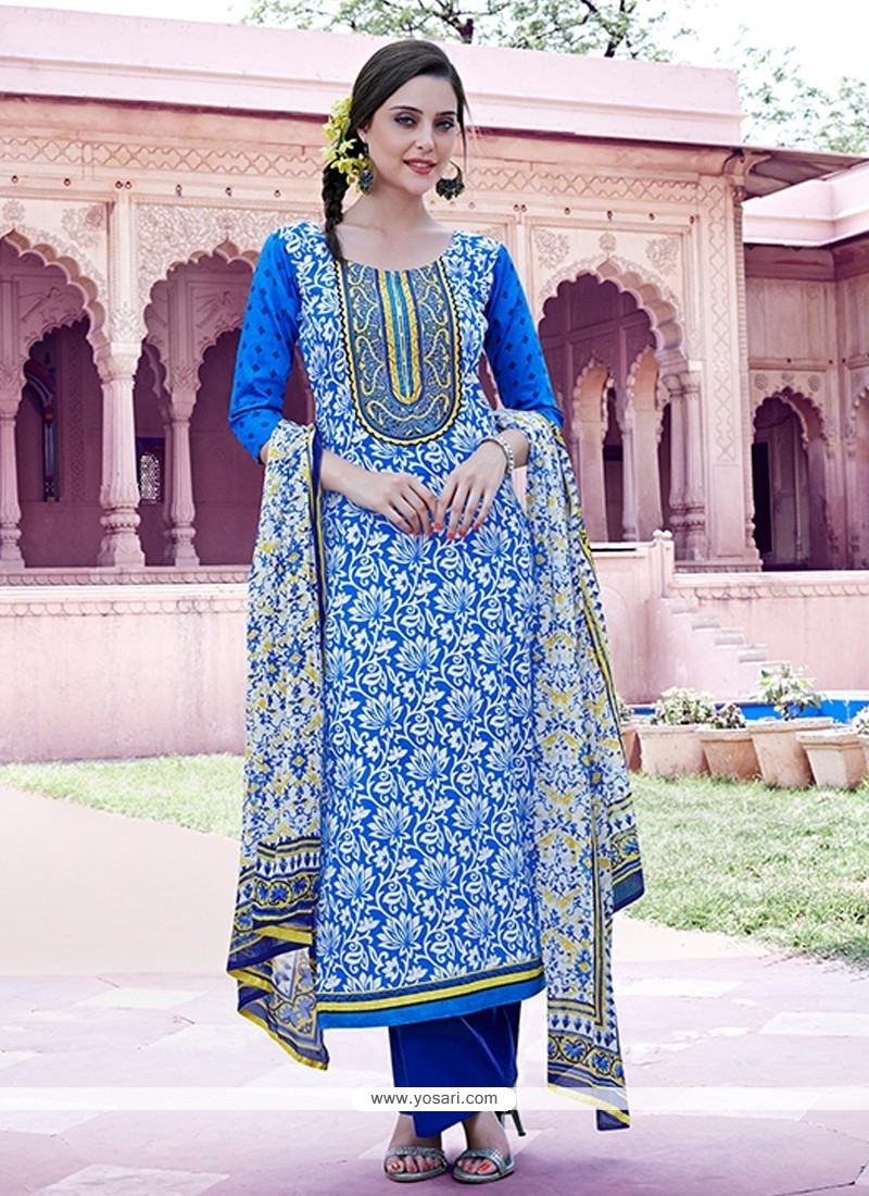 Modest Cotton Blue Print Work Pakistani Suit