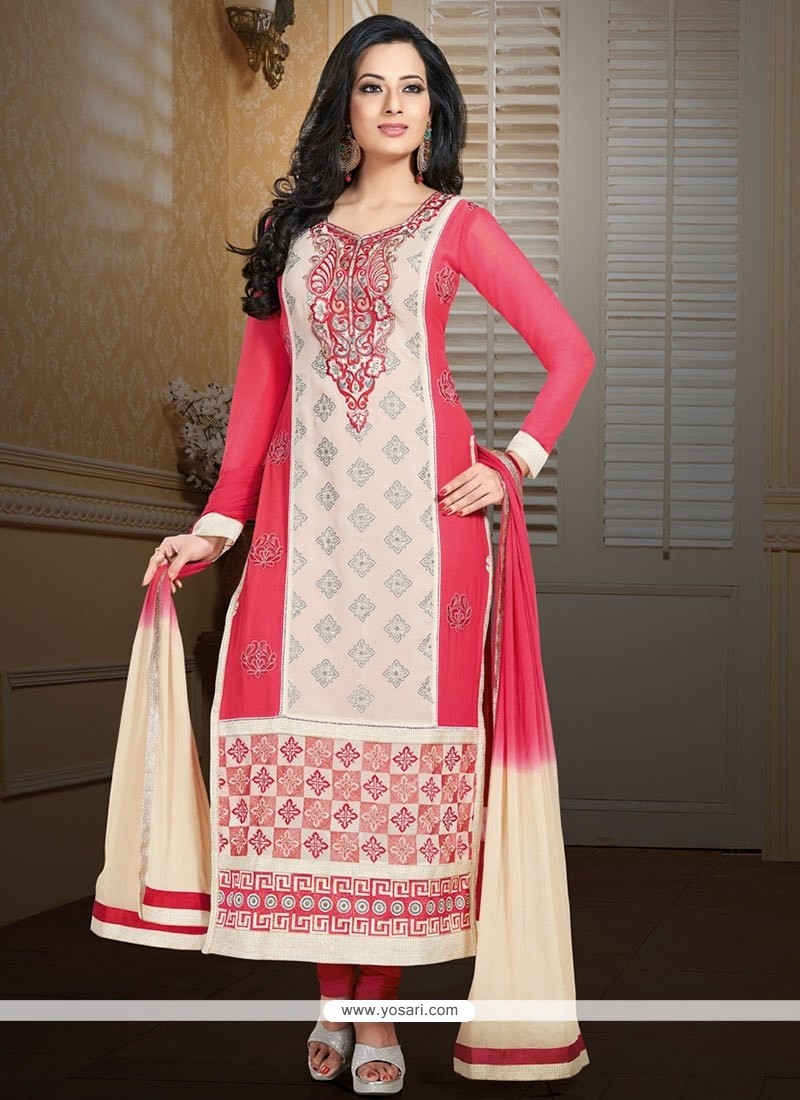 Beige And Pink Faux Georgette Churidar Suit