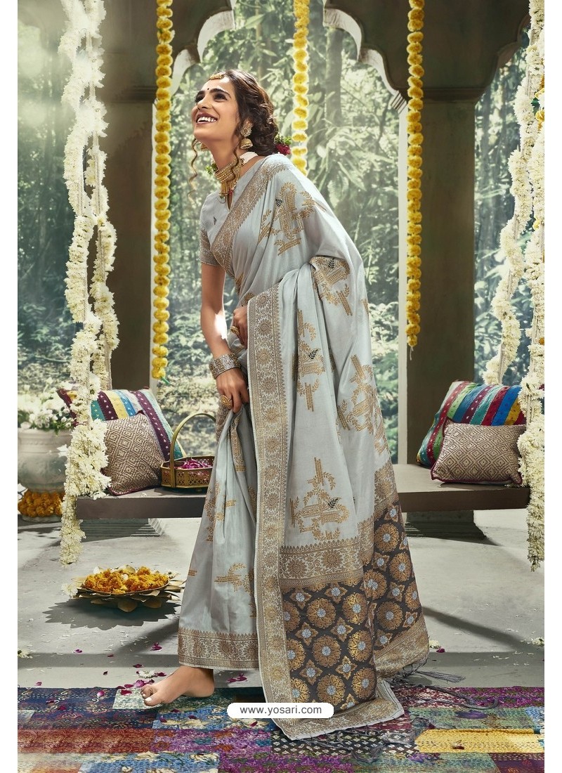 Light Grey Cotton Designer Jacquard Worked Saree