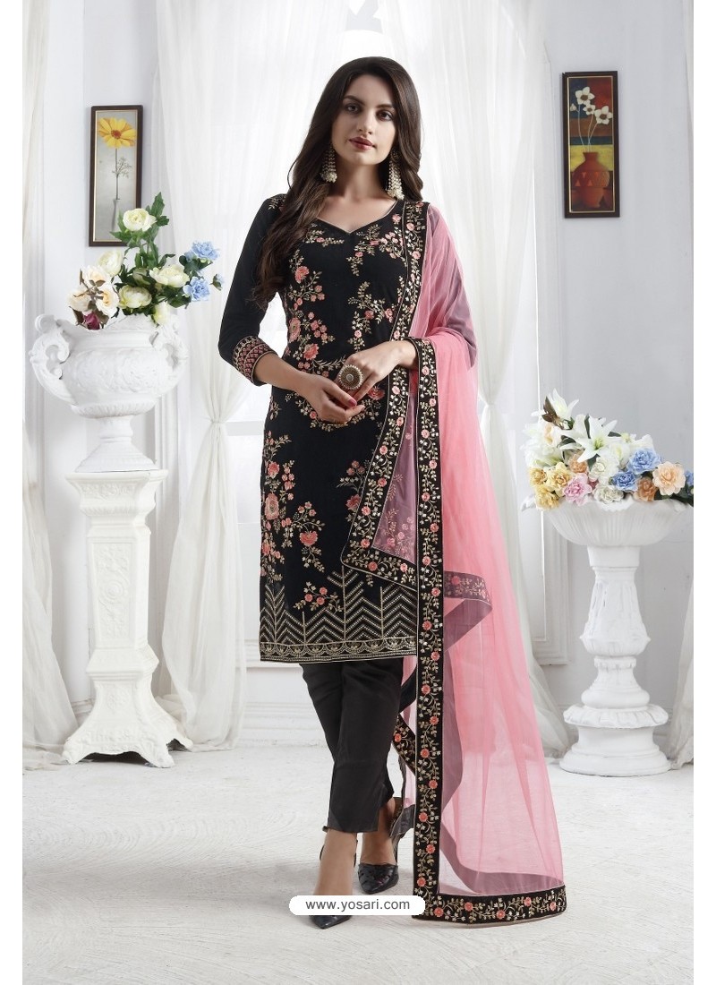 Black Georgette Floral Embroidered Straight Suit