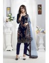 Navy Blue Georgette Floral Embroidered Straight Suit