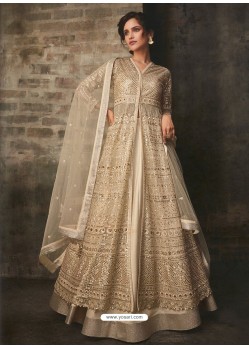 Light Beige Soft Net Embroidered Anarkali Suit