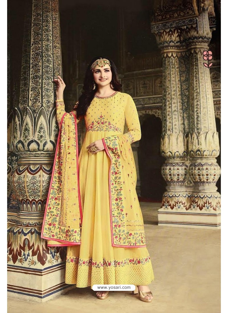 Yellow Dola Silk Embroidered Anarkali Suit