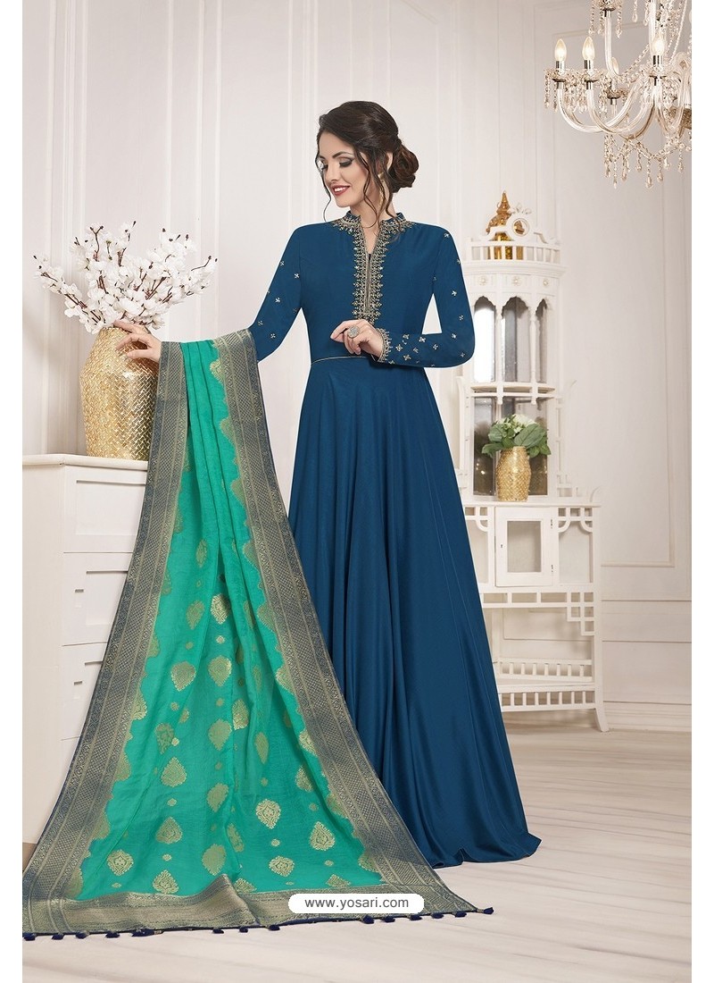 Peacock Blue Muslin Silk Party Wear Anarkali Suit