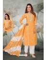 Orange And White Soft Chanderi Designer Straight Suit