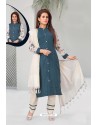 Teal Blue And White Designer Straight Suit
