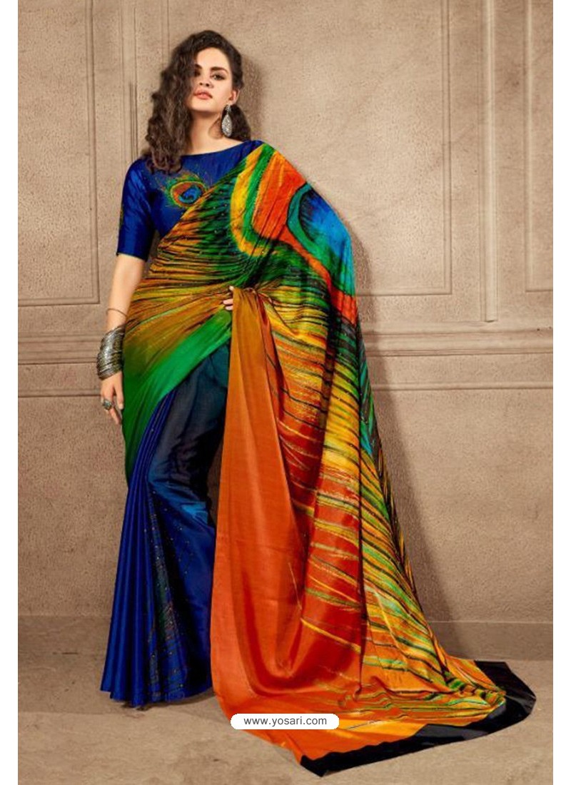 Royal Blue Linen Satin Digital Printed Saree