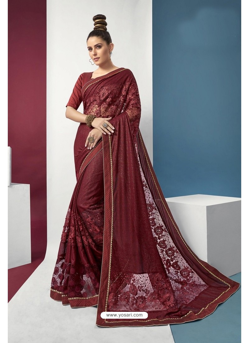 Maroon Embroidered Party Wear Saree