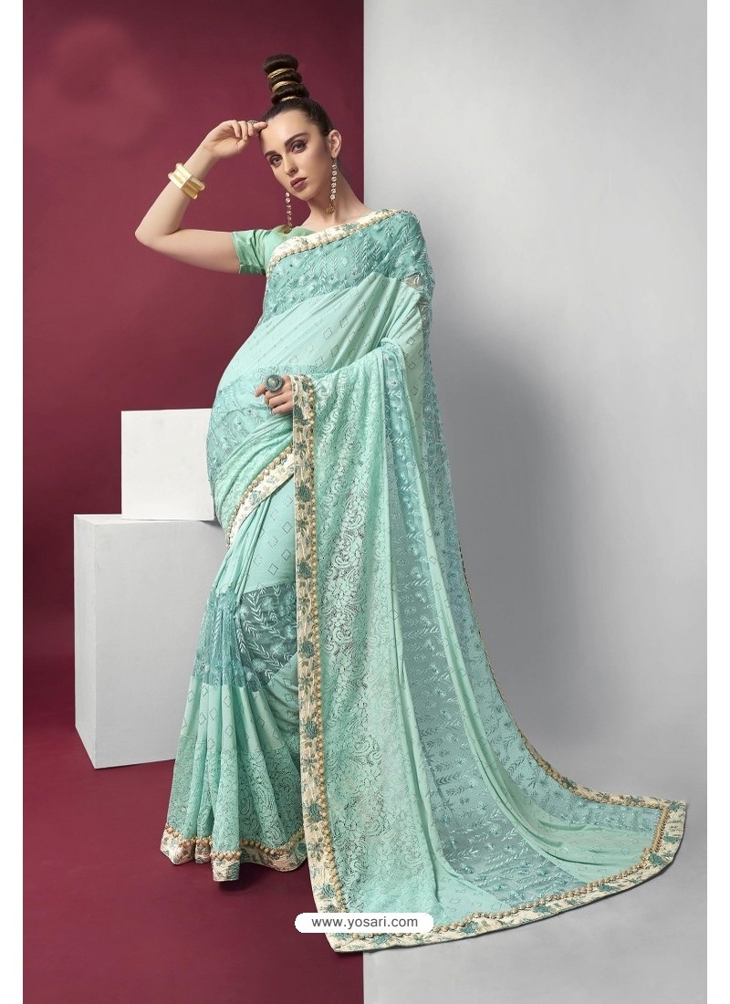 Sky Blue Embroidered Party Wear Saree