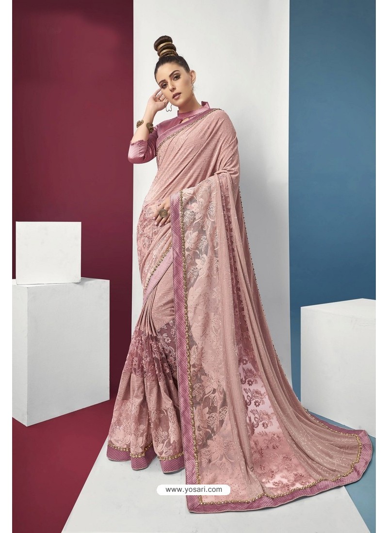 Baby Pink Embroidered Party Wear Saree