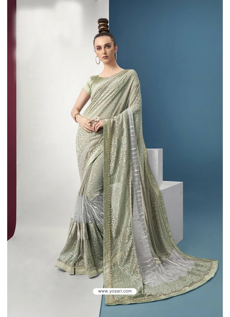 Sea Green Embroidered Party Wear Saree