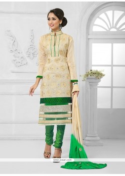Masterly Green And Cream Resham Work Churidar Salwar Suit