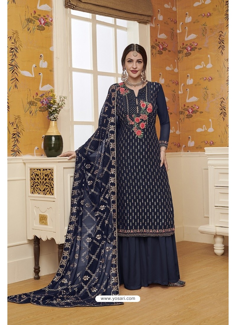 Navy Blue Blooming Faux Georgette Palazzo Suit