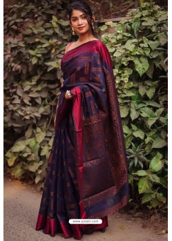 Navy Blue Silk Blend Weaving Printed Saree