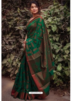 Dark Green Silk Blend Weaving Printed Saree