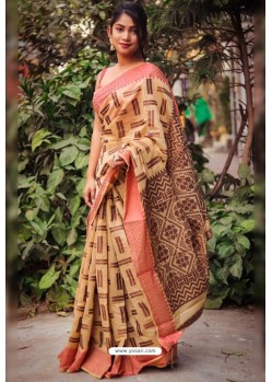 Light Beige Silk Blend Weaving Printed Saree