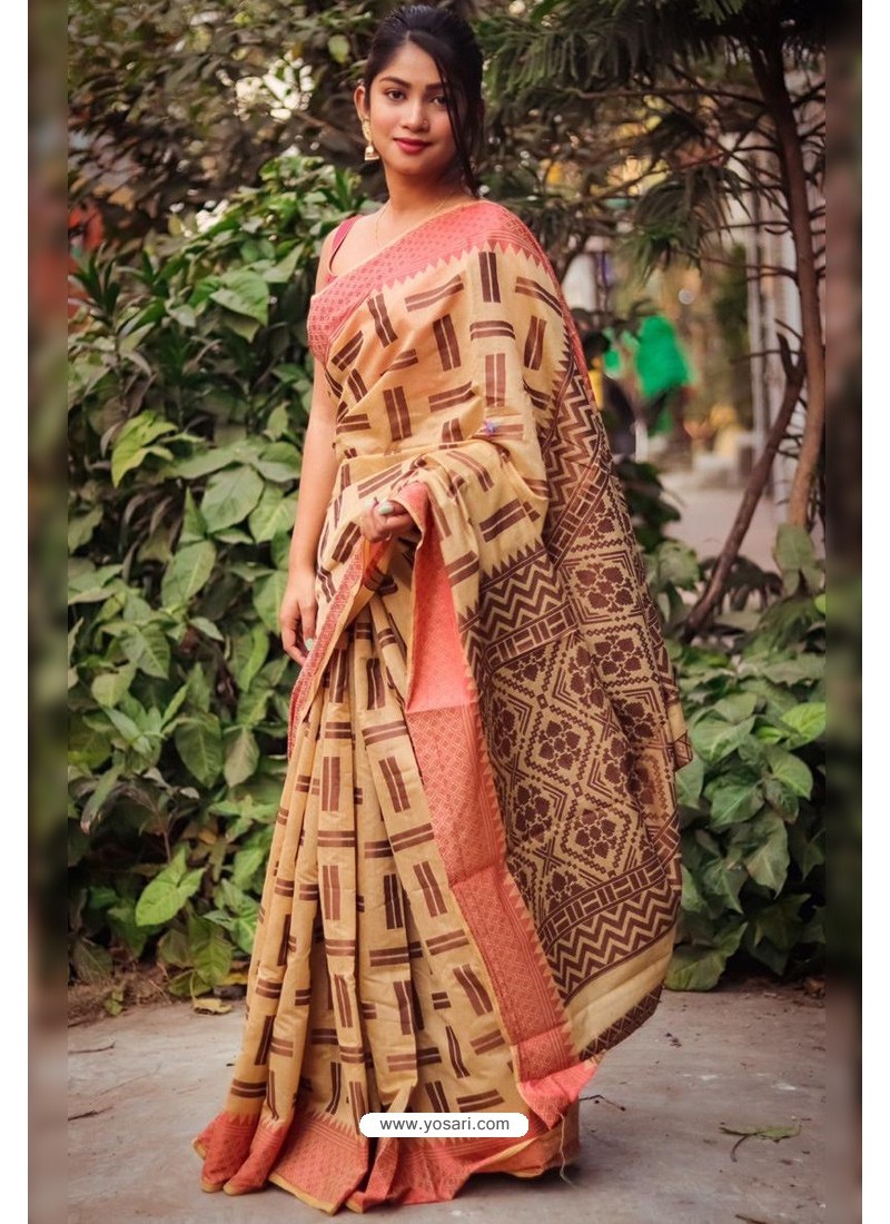 Light Beige Silk Blend Weaving Printed Saree