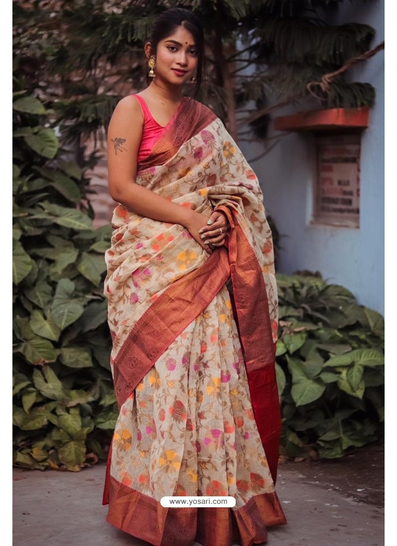 Light Beige Silk Blend Printed Saree