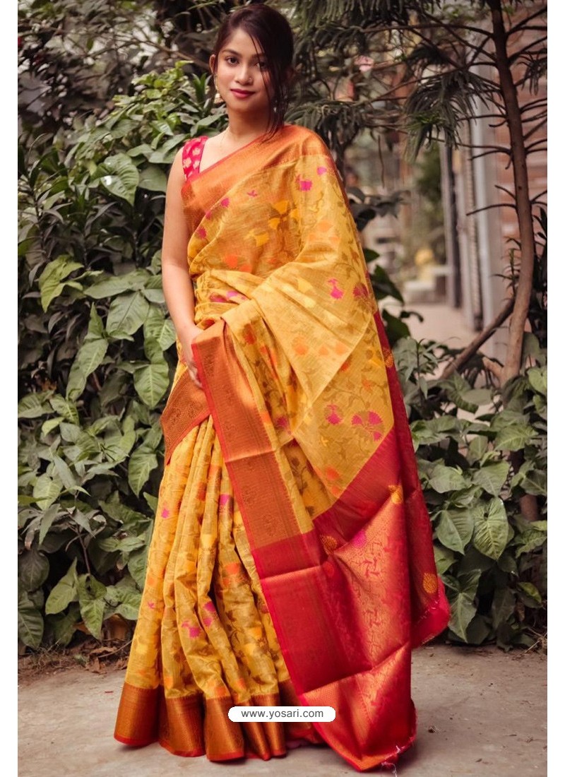 Yellow Silk Blend Printed Saree