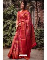 Red Silk Blend Printed Saree