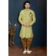 Yellow And Beige Barfi Jacquard Dhoti Style Sherwani