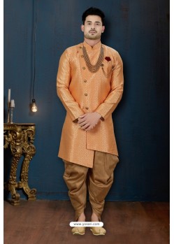 Orange And Beige Surahi Jacquard Dhoti Style Sherwani