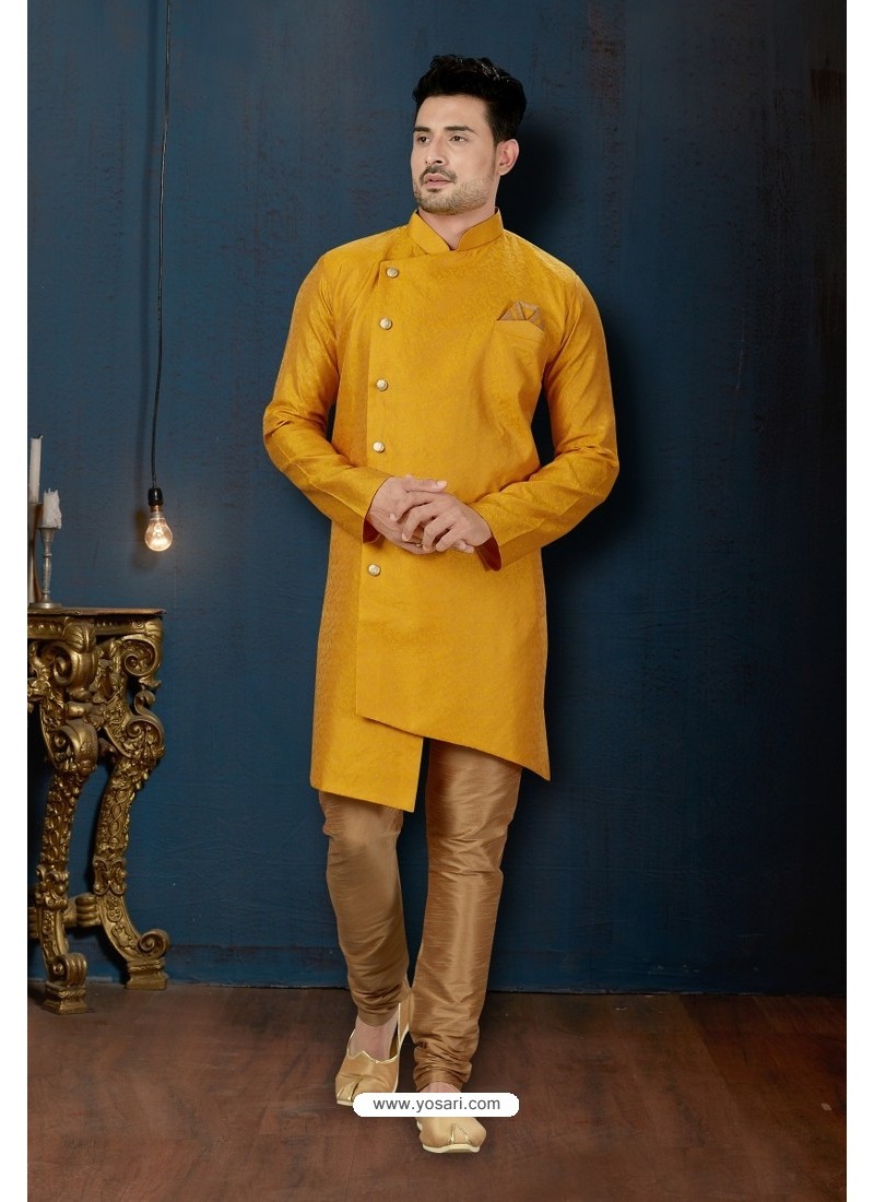 Yellow And Beige Resh Jacquard Designer Sherwani