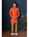 Orange And Beige Booti Silk Designer Sherwani