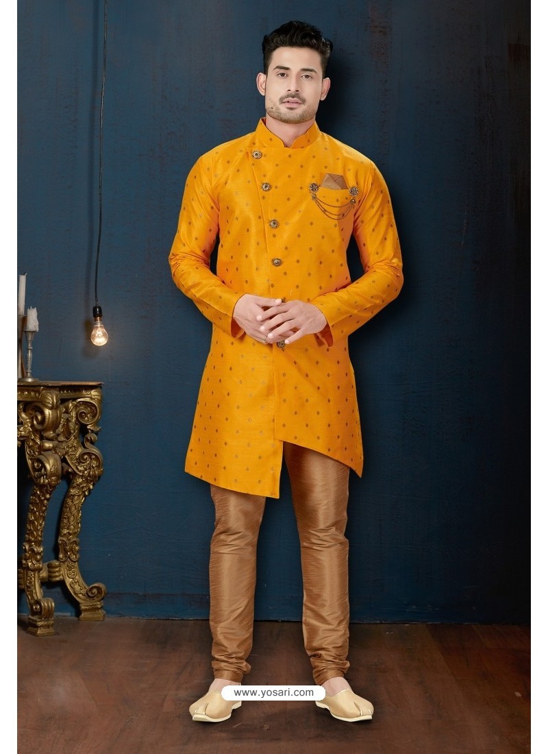 Yellow And Beige Booti Silk Designer Sherwani