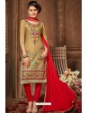 Gold And Red Glazz Cotton Churidar Suit