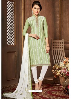 Sea Green And White Glazz Cotton Churidar Suit