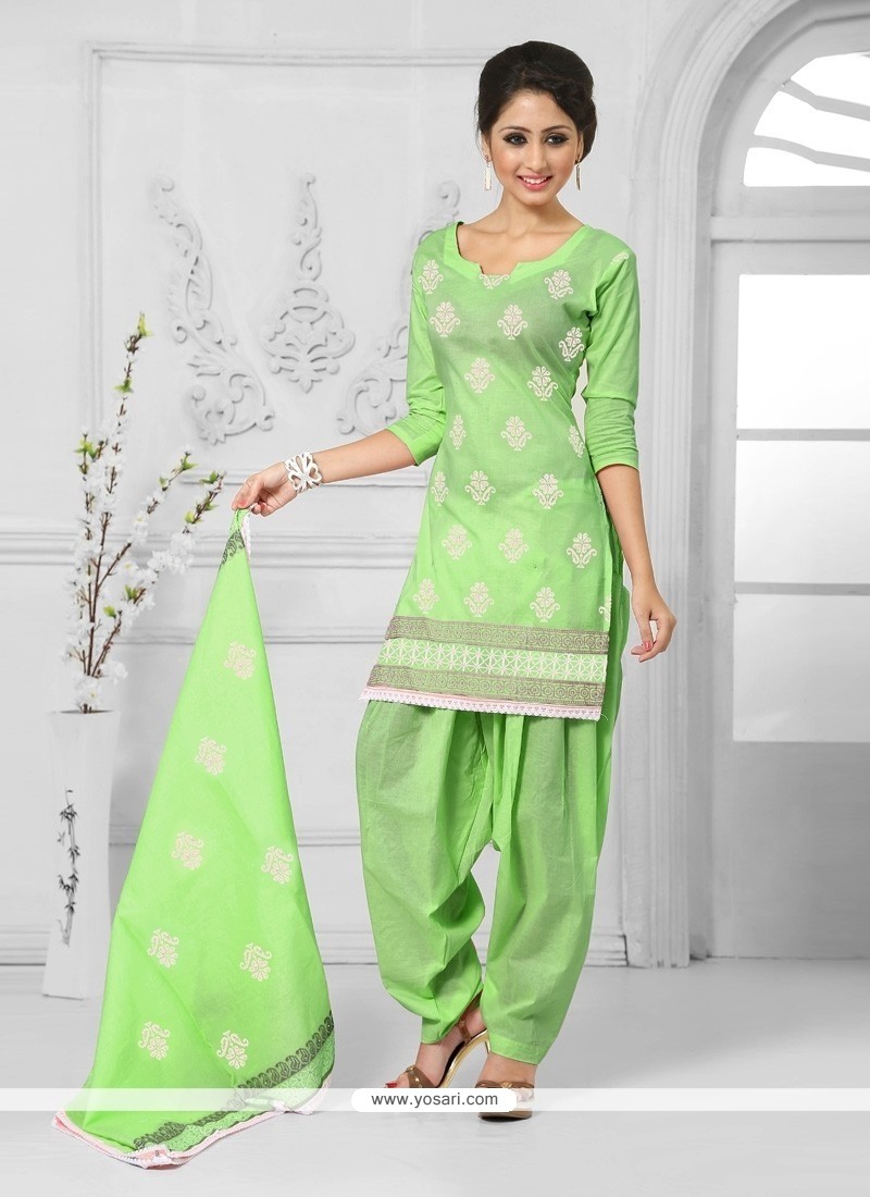 Lovable Embroidered Work Green Cotton Designer Patiala Salwar Kameez