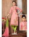 Pink And Green Glazz Cotton Churidar Suit