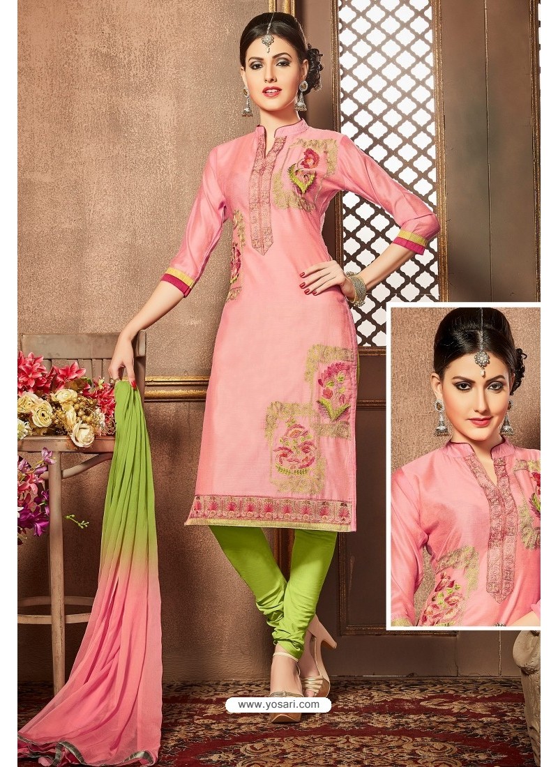 Pink And Green Glazz Cotton Churidar Suit
