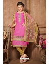 Hot Pink And Gold Glazz Cotton Churidar Suit