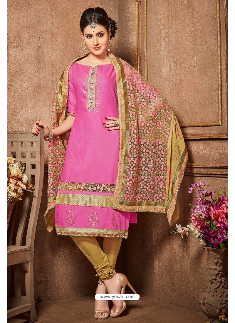 Hot Pink And Gold Glazz Cotton Churidar Suit