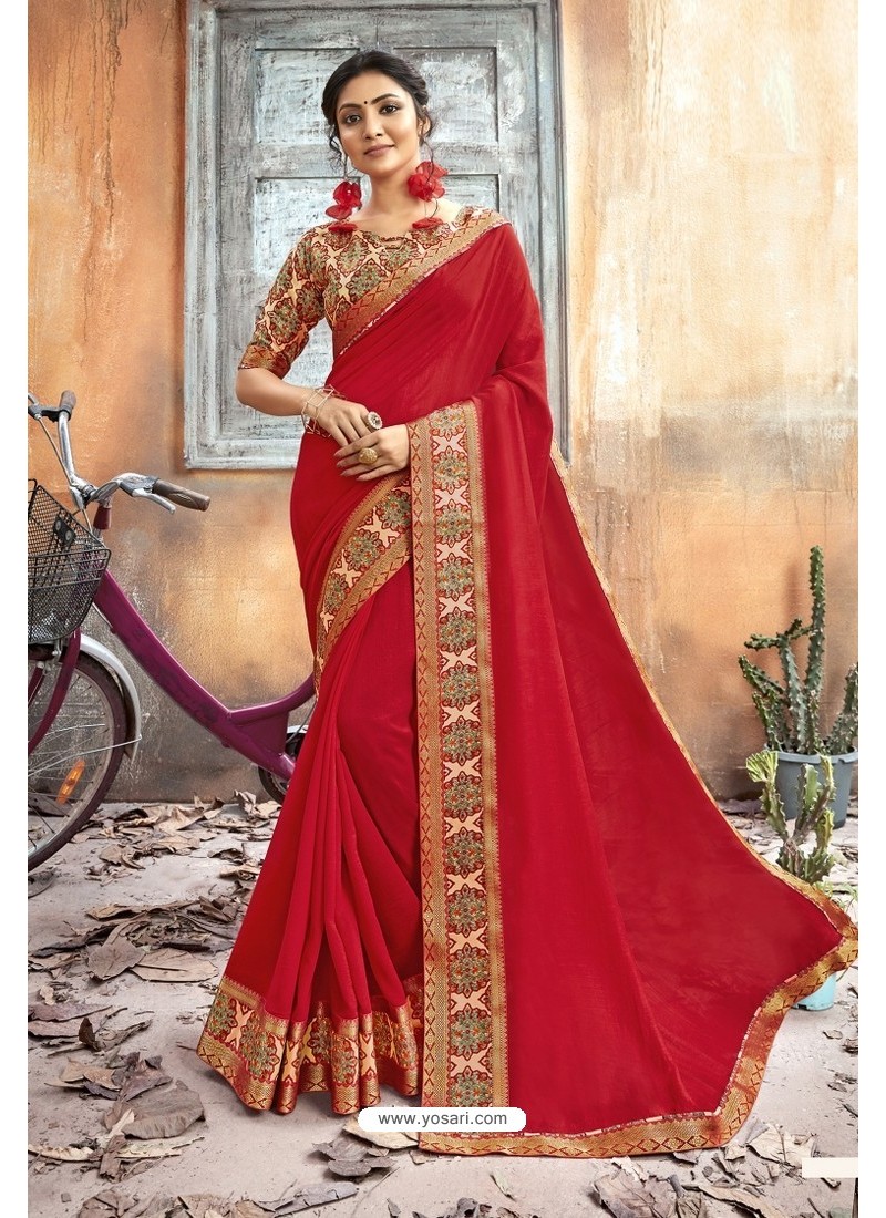 Red Chanderi Silk Printed Saree