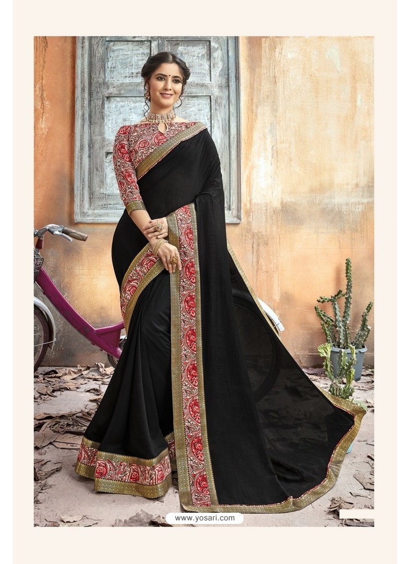 Black Chanderi Silk Printed Saree