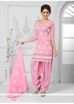 Winsome Pink Resham Work Cotton Designer Patiala Suit