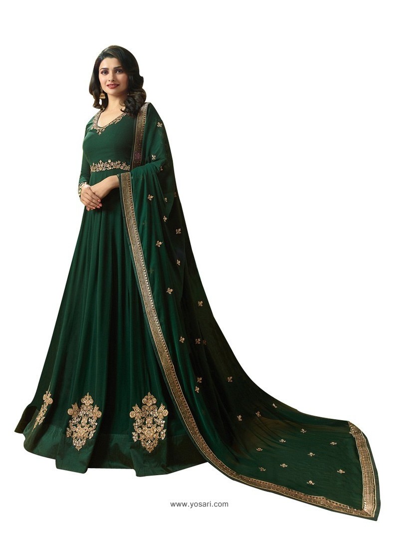 Dark Green Faux Georgette Zari Embroidered Anarkali Suit