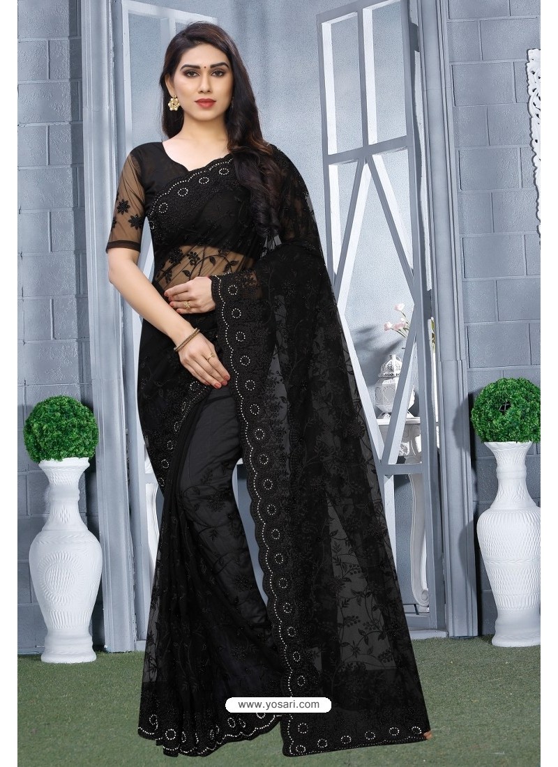 Black Net Resham Embroidered Party Wear Saree