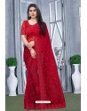 Red Net Resham Embroidered Party Wear Saree
