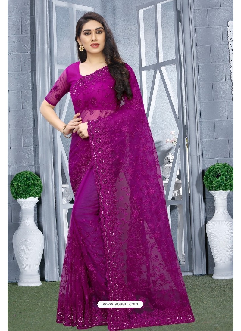 Purple Net Resham Embroidered Party Wear Saree