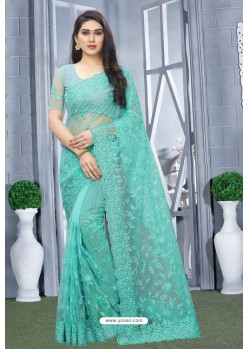 Turquoise Net Resham Embroidered Party Wear Saree