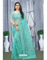 Turquoise Net Resham Embroidered Party Wear Saree