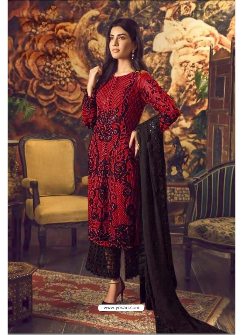 Red And Black Faux Georgette Embroidered Straight Suit