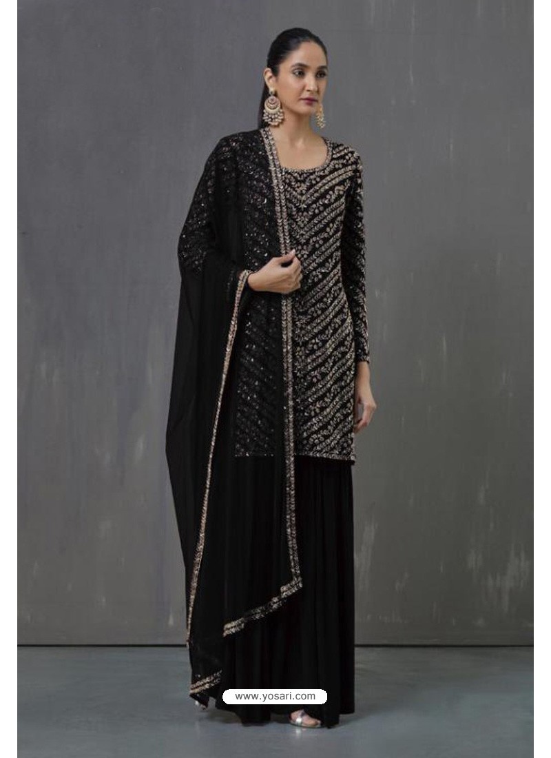 Black Faux Georgette Sequence Worked Palazzo Suit
