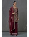 Maroon Faux Georgette Sequence Worked Palazzo Suit